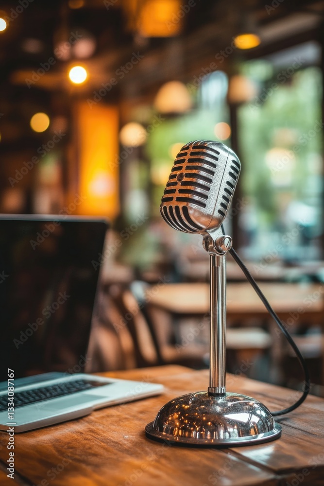 Poster a close-up shot of a microphone sitting on a wooden table next to a laptop, ideal for recording or p
