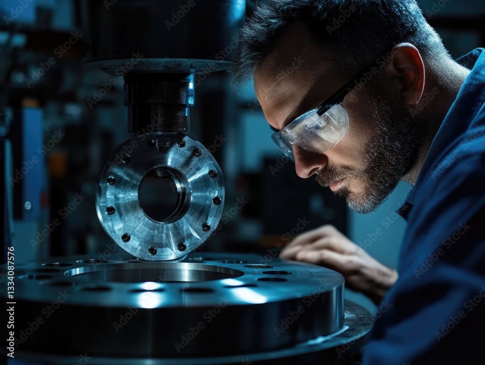 Poster man working on machinery in industrial setting, possible use as illustration for industry or workfor