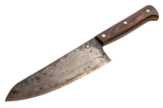Butcher knife with rustic wooden handle isolated on transparent background