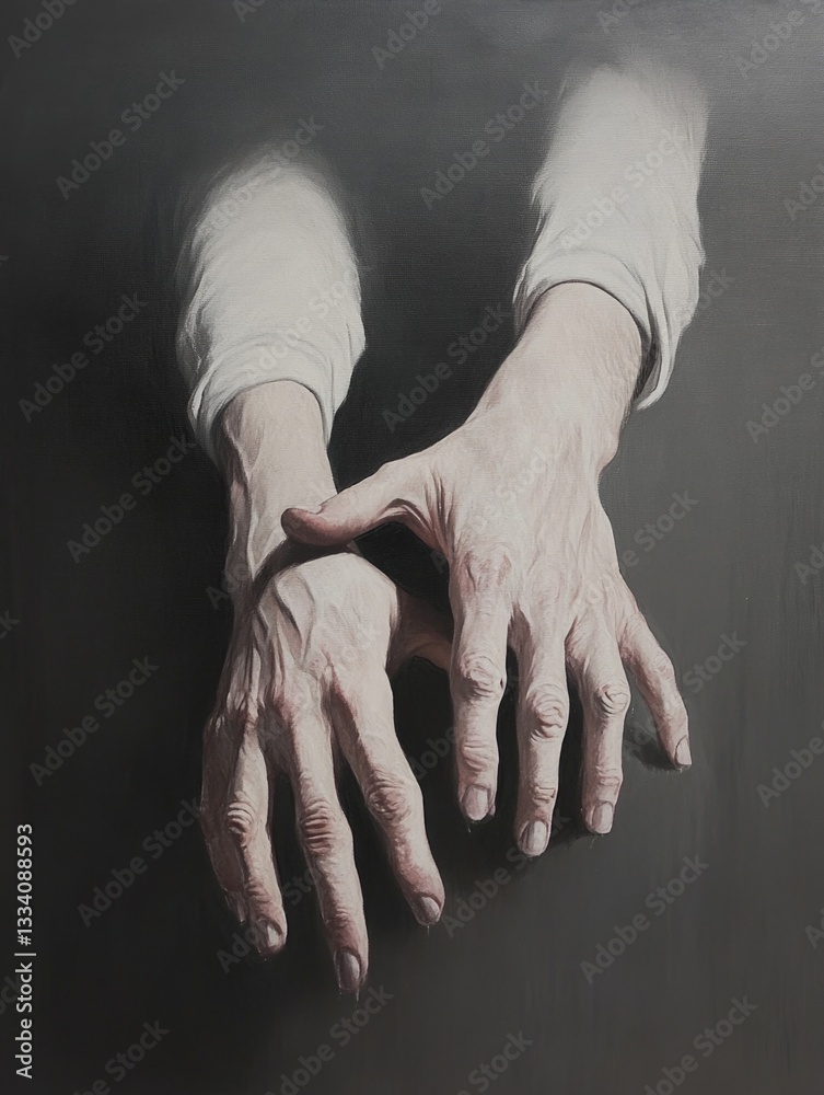 Poster close-up shot of a person's hands resting on a table, with a neutral background