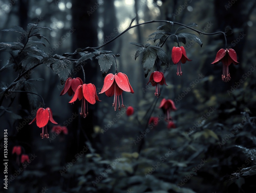 Poster A collection of red flowers hangs from a tree branch in full bloom