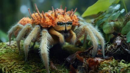 Obraz premium Close-up shot of a spider sitting on a mossy surface, ideal for use in illustrations about nature and wildlife