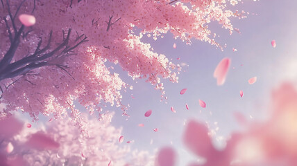 Close-Up View of Cherry Blossoms in Full Bloom with Gentle Petals Moving in the Breeze Under a Clear Blue Sky