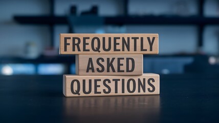 Wooden blocks displaying "FREQUENTLY ASKED QUESTIONS" in a modern office. Represents customer support, troubleshooting, business inquiries, online help, technical assistance, self-service, guidance