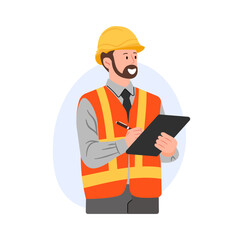 A vector illustration of an engineer wearing a yellow safety helmet and orange vest, holding a clipboard, symbolizing inspection and work supervision.
