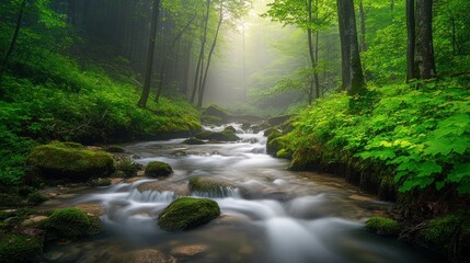 A beautiful forest scene depicting a flowing river with lush greenery