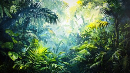 Obraz premium An artistic painting depicts a lush and vibrant rainforest scene
