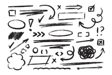 Sketchy crayon hand drawn highlight elements - circles, underlines, arrows, checkmarks and crosses. Doodle chalk line border, text emphasis graphic. Rough freehand grunge shapes for design annotation