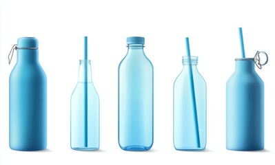 Realistic Blue Drink Bottles and Water Bottles on White Background