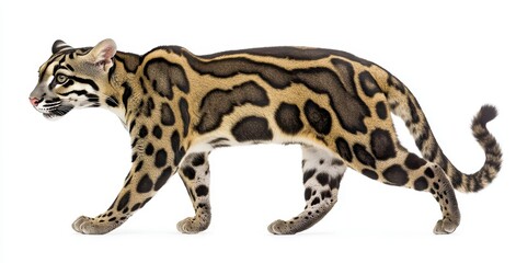 Strikingly Realistic Illustration of an Ocelot Walking Gracefully with Distinctive Fur Patterns and Alert Expression on a White Background