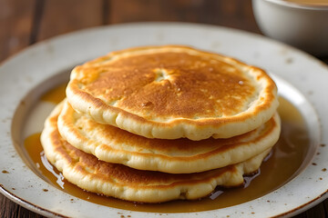 Several pancakes stacked on top of each other, topped with syrup, served on a plate
