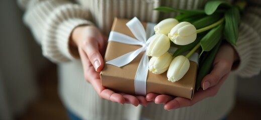 Hands hold a beautiful gift box with a ribbon and white tulips. Top view, close-up. Happy mother's day