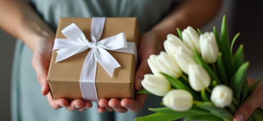 Hands hold a beautiful gift box with a ribbon and white tulips. Top view, close-up. Happy mother's day