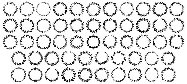 Elegant laurel wreath collection featuring circular leaf and floral frames for wedding invitations, logos, and awards design