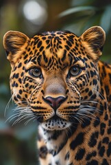 Fototapeta premium Stunning Close-Up of a Beautiful Leopard With Distinctive Spots and Intense Gaze Surrounded by Lush Greenery in a Natural Habitat Setting