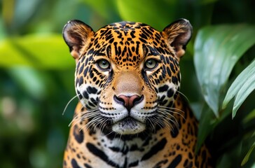 Obraz premium Stunning Close-Up of a Jaguar Face Surrounded by Lush Greenery Capturing the Majestic Beauty of Nature's Spotted Big Cat in Its Habitat