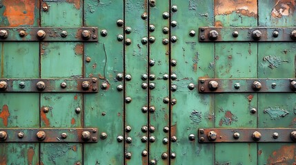 Fototapeta premium Weathered Green Metal Texture with Rusty Bolts and Rivets Industrial Background