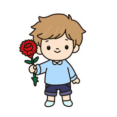 A cute cartoon illustration of a young boy holding a red carnation flower, symbolizing love and gratitude. This image is perfect for themes related to Mother’s Day, Father’s Day, appreciation, and spe