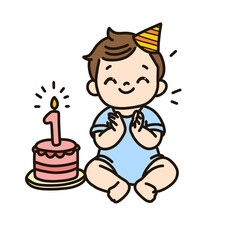 A cute cartoon illustration of a baby celebrating their first birthday with a cake and a lit candle. The baby is happily clapping while wearing a party hat, making this image perfect for birthday