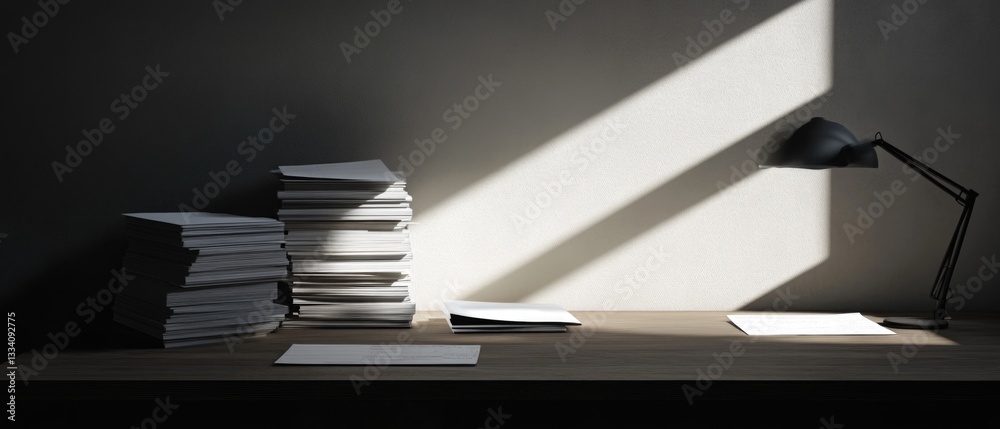 Poster a desk with a lamp and a stack of papers, ideal for office work or study