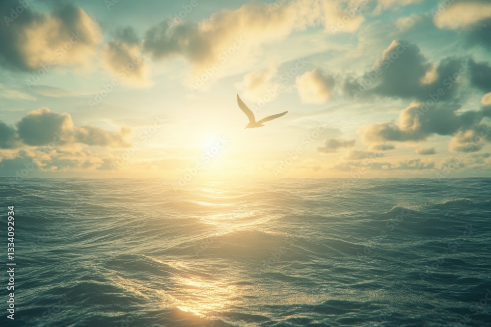Poster a bird soaring above the ocean's surface as the sun sets in the background