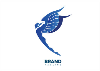 Winged Flying Man, Icarus, Modern Logo of Flying Man in Blue