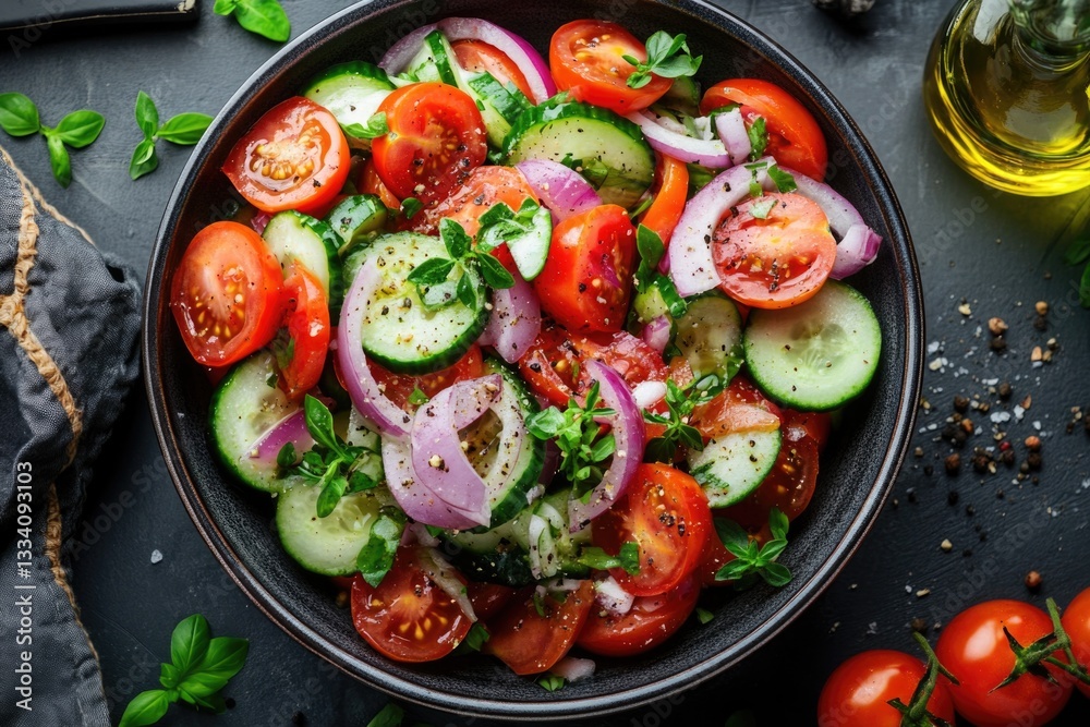 Poster A bowl filled with sliced tomatoes and cucumbers, perfect for snacking or adding to salads