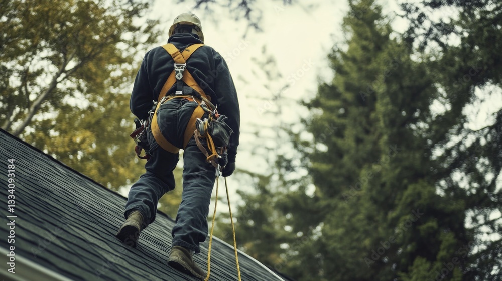 Poster A person fixing a roof, providing a practical and versatile image for various uses