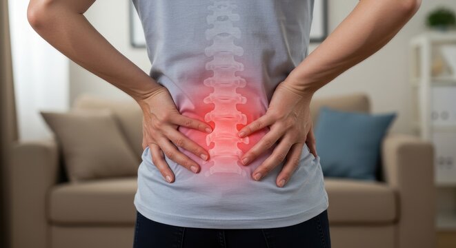 Woman experiencing lower back pain. Spinal x ray highlighting the area of discomfort. Health, medical, and healthcare concept.