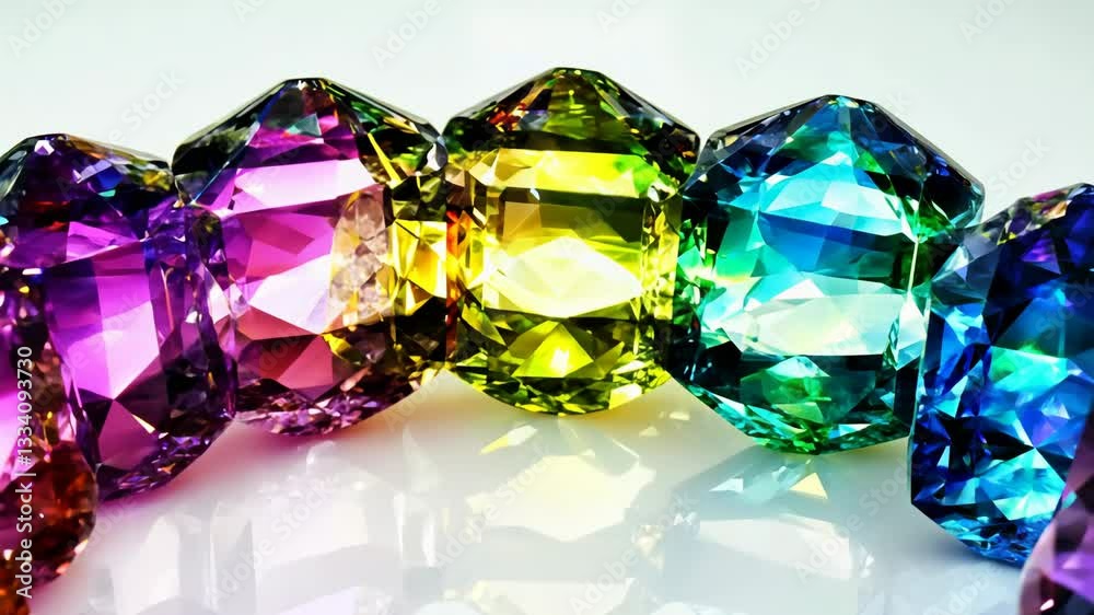 Aufkleber A row of colorful gems are displayed on a white background. The gems are of different colors and sizes