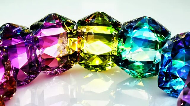 A row of colorful gems are displayed on a white background. The gems are of different colors and sizes