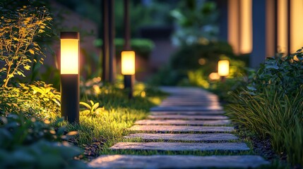 Serene Nighttime Garden Pathway with Illuminated LED Lamps and Lush Greenery