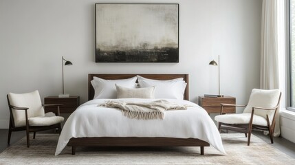 A modern bedroom featuring a bed and cozy seating arrangements