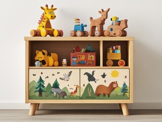 Obraz premium Wooden toy chest with animal theme. Natural, child-friendly storage
