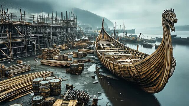 A Majestic Viking Ship is Currently Under Construction by the Waters Edge