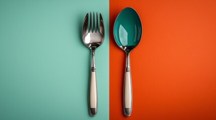 Fork and Spoon on Two-Toned Background of Teal and Orange with Polished Silver Finish