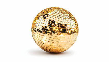 A golden disco ball, reflecting light, isolated on a white background