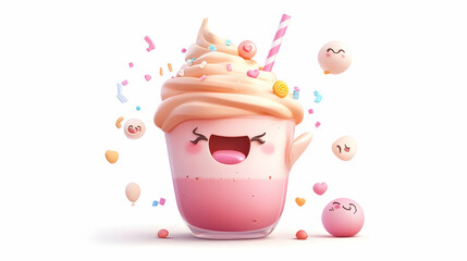 A happy cartoon milkshake with whipped cream, sprinkles, and candy, surrounded by playful, colorful elements