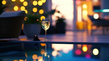 A glass of wine placed near a swimming pool at night