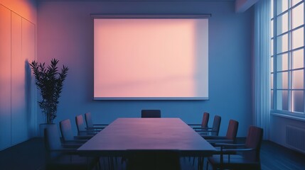 Conference Room Interior with Blank Projection Screen and Window