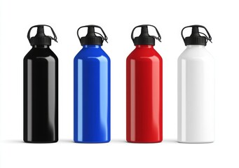 Four colored aluminum water bottles on white background