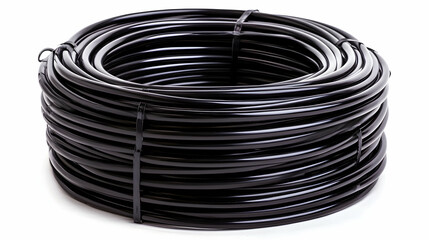 A tightly wound roll of black plastic tubing, isolated on a white background