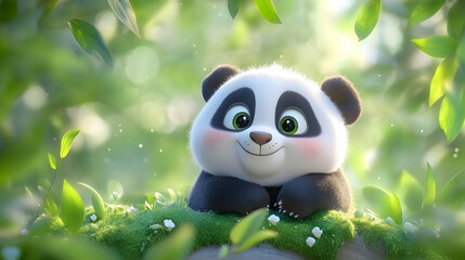 Fototapeta premium Adorable cartoon panda amidst lush greenery