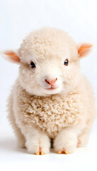 Adorable fluffy lamb sitting against white background
