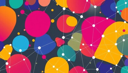 Abstract shapes, vibrant colors, interconnected lines forming a network symbolizing creative collaboration and innovative design solutions, innovation, geometric