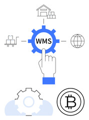 Warehouse management system gear highlighted with a hand pointing. Surrounding visuals include storage, forklift, blockchain symbol, and globe. Ideal for logistics, inventory, blockchain, global