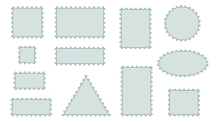 Blank postage stamp templates set. Sticker with torn edge square, rectangle, circle, triangle shape. Template stamp for letter or parcel, vector graphics