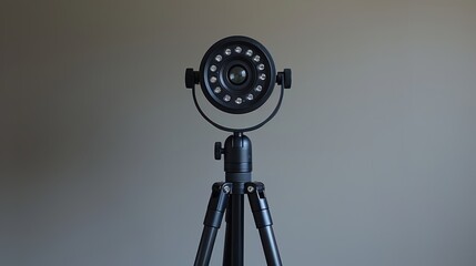 A Black Tripod with a Small Camera on a Gray Gradient Background