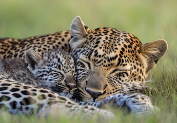 Naklejka premium Tender moment between a leopard mother and her baby cuddled together in the serene grasslands of the African savanna, showcasing their bond and affection