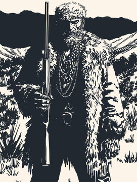 Vector illustration of a mountain man or hunter in fur clothing holding a rifle against a mountainous landscape. The black and white artwork shows a rugged frontiersman.